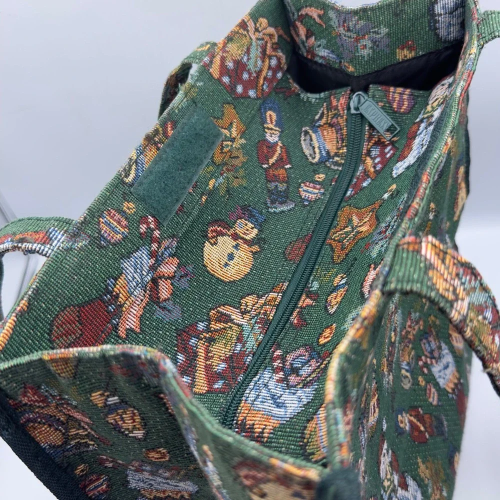 Pioneer Express Christmas Tote Bag Green Tapestry Snowman Nutcracker Vintage L